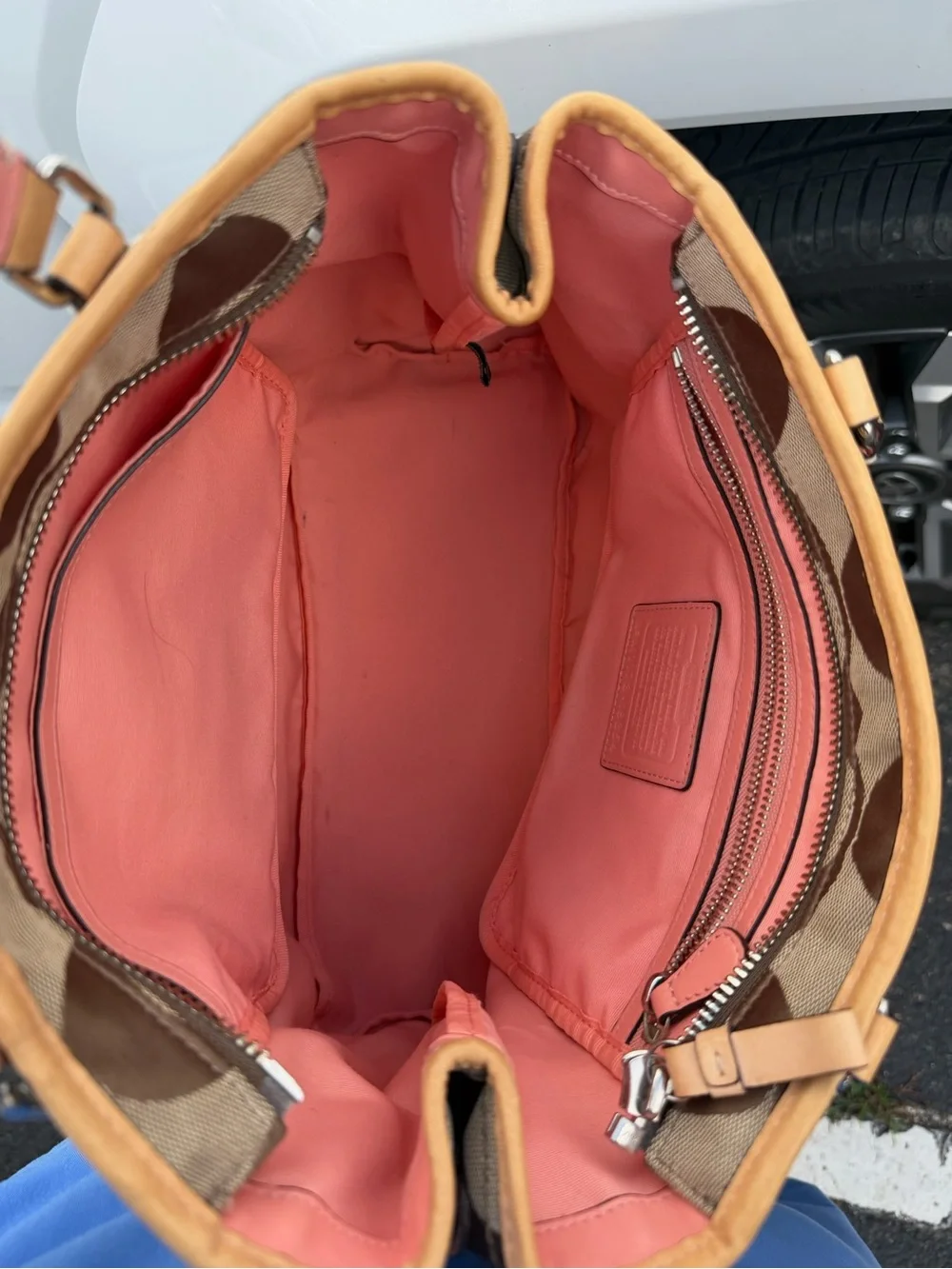 Coach Brown Signature Canvas Tote with Tan Trim and Pink Handle Accent